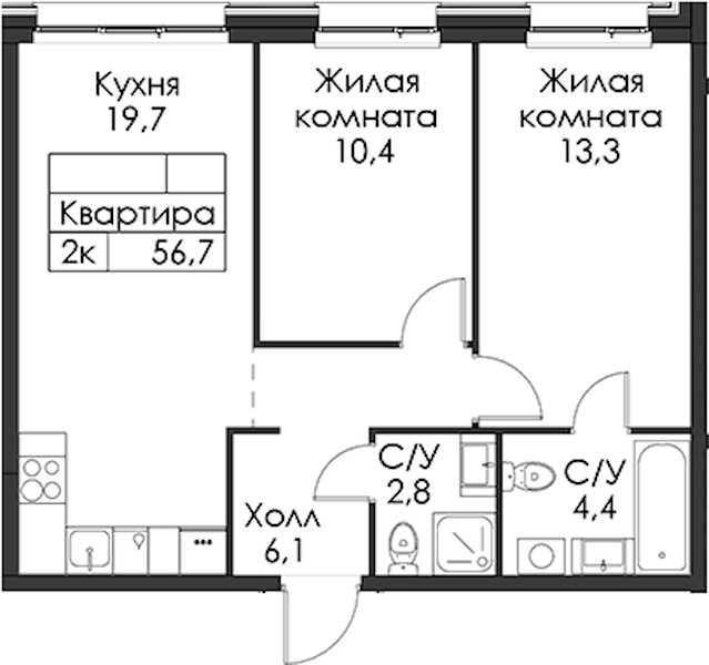 2-комнатная квартира 56.7 м², 4/12 эт., ЖК «Шкиперский 19»